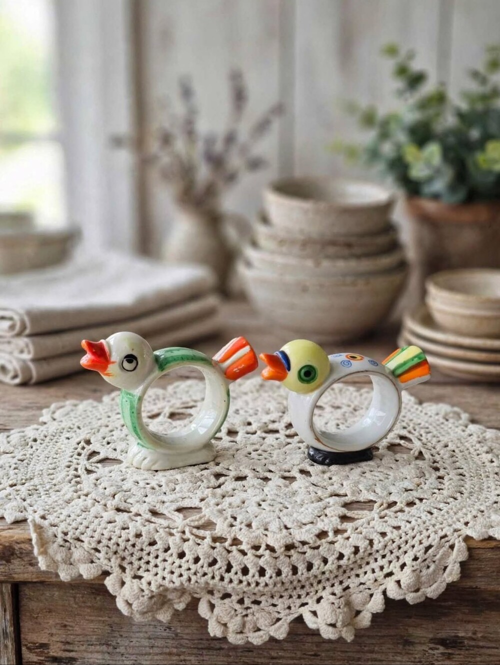 Vintage Hand-Painted Ceramic Bird Napkin Rings - Made in Japan Kitsch